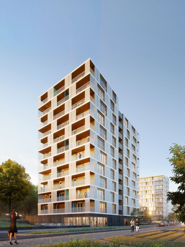 Computermodell vom fertigen Woodscraper Hochhaus aus Holz in Wolfsburg