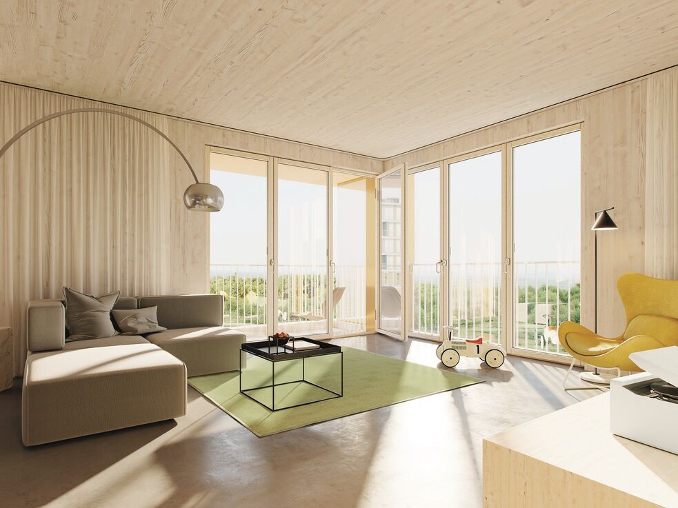 Computeranimation eines Innenraums im Woodscraper Hochhaus aus Holz