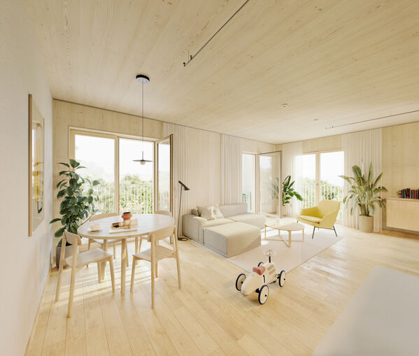 Computeranimation eines Innenraums im Woodscraper Hochhaus aus Holz