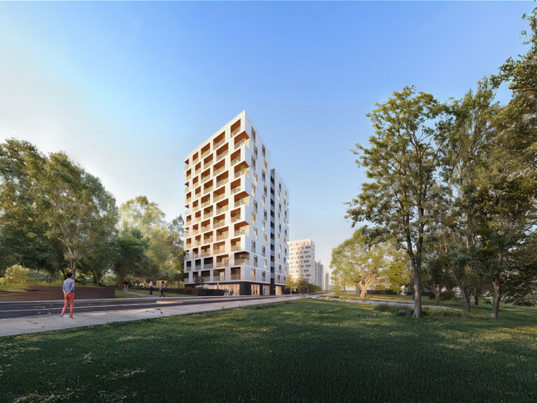 Computermodell vom fertigen Holzhochaus Woodscraper in Wolfsburg